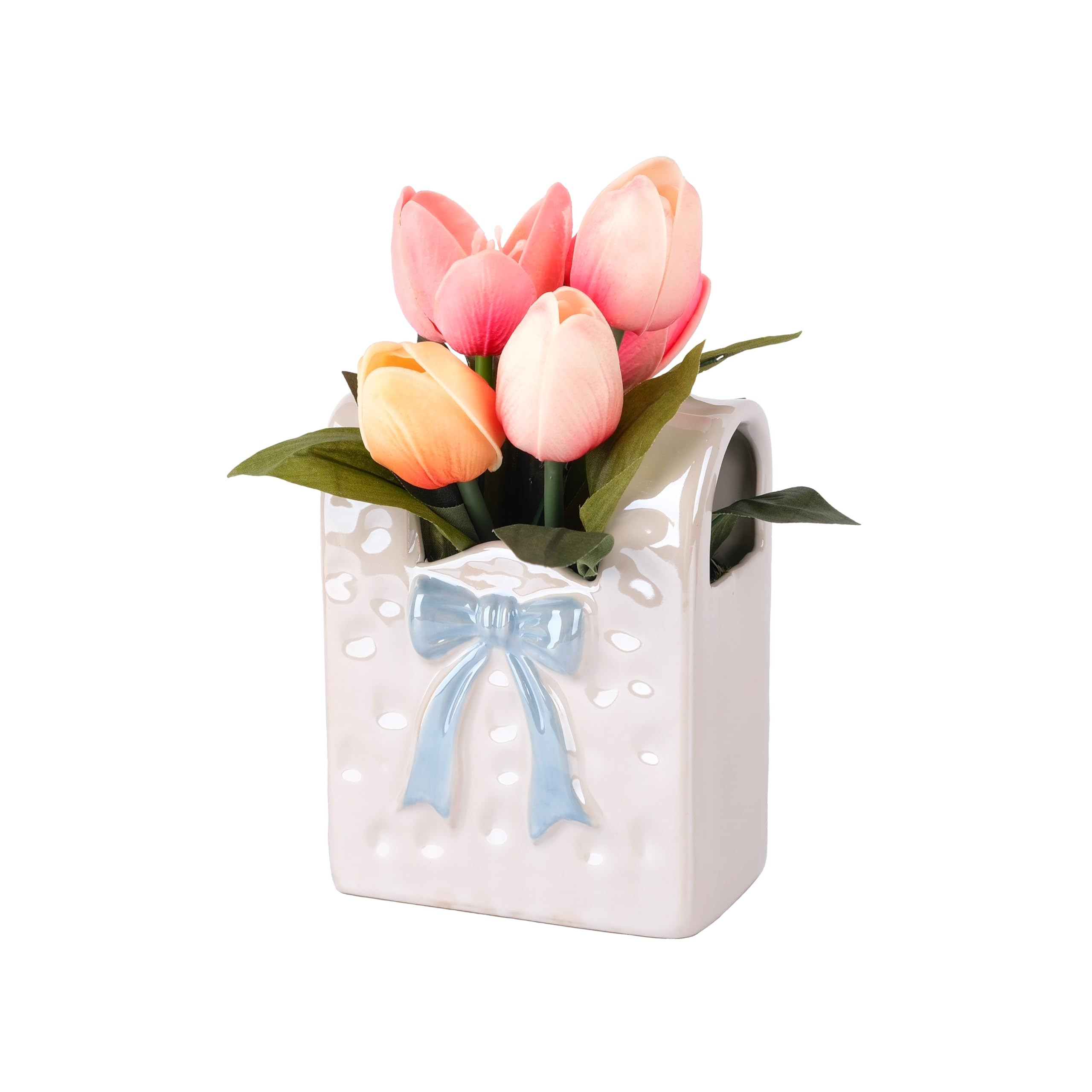 Spring & Easter Decor Artificial Tulips in Bag Shaped Ceramic Vase, Small Floral Table Centerpiec... | Amazon (US)
