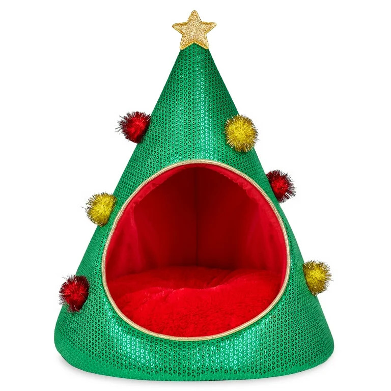 Vibrant Life Christmas Tree Small Holiday Pet Bed, Green and Red, 16" x 19" | Walmart (US)