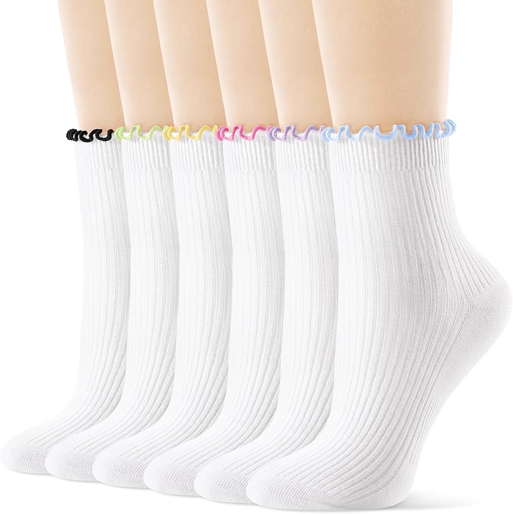 FITRELL 6 Pairs Ruffle Socks, Womens Soft Breathable Cute Lettuce Ankle Crew Frilly Socks | Amazon (US)