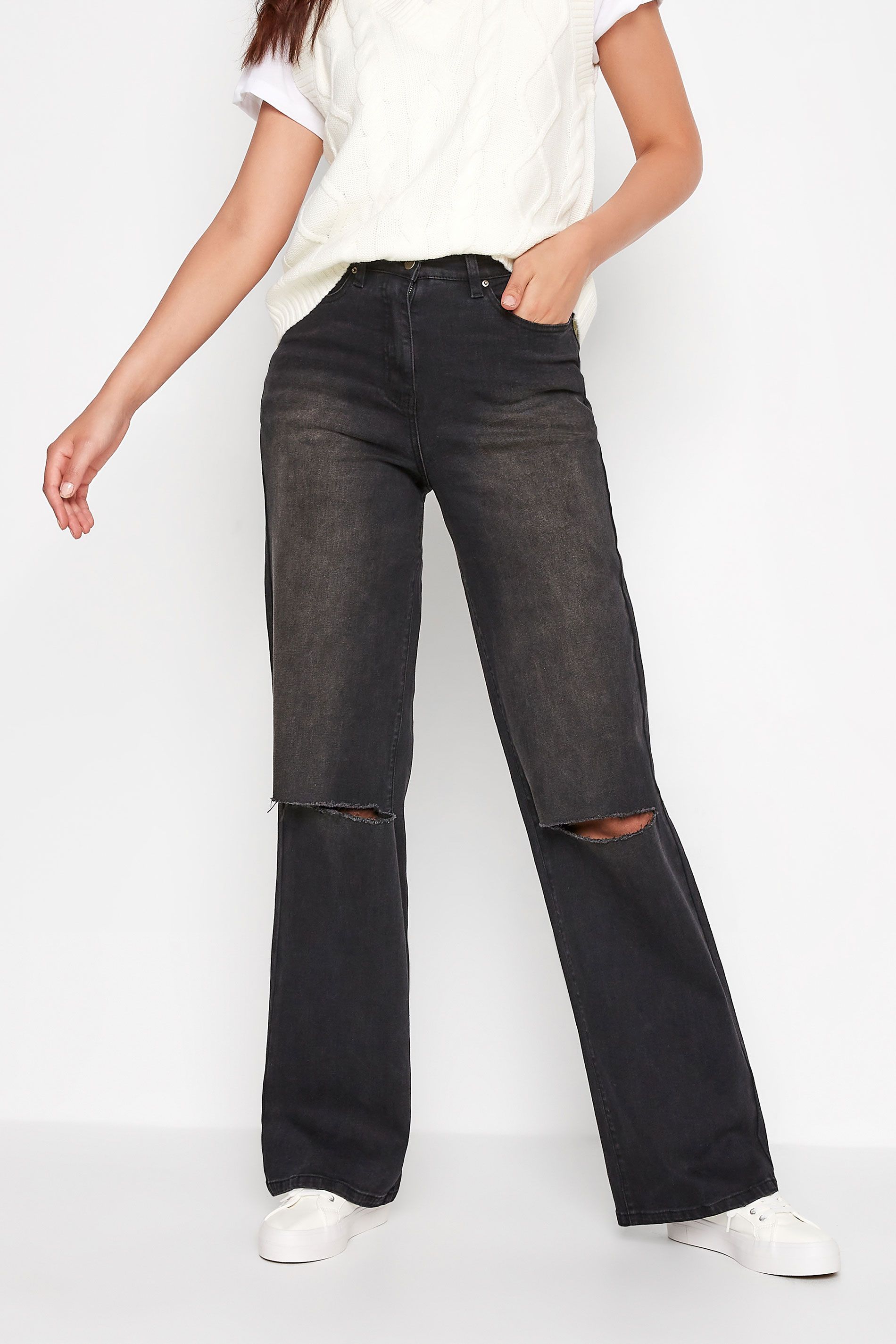 LTS Tall Black Distressed BEA Stretch Wide Leg Jeans | Long Tall Sally