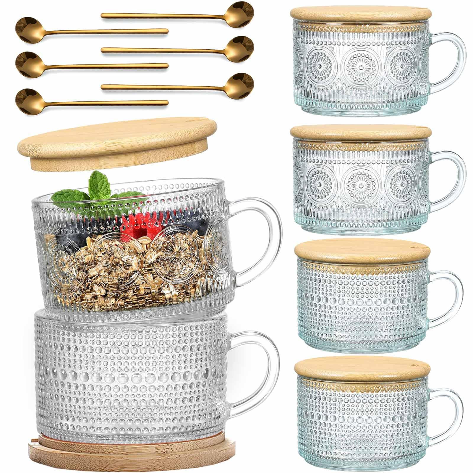 6 Set 14oz Vintage Glass Coffee Mugs with Bamboo Lids and Spoon Clear Embossed Glassware with Han... | Amazon (CA)