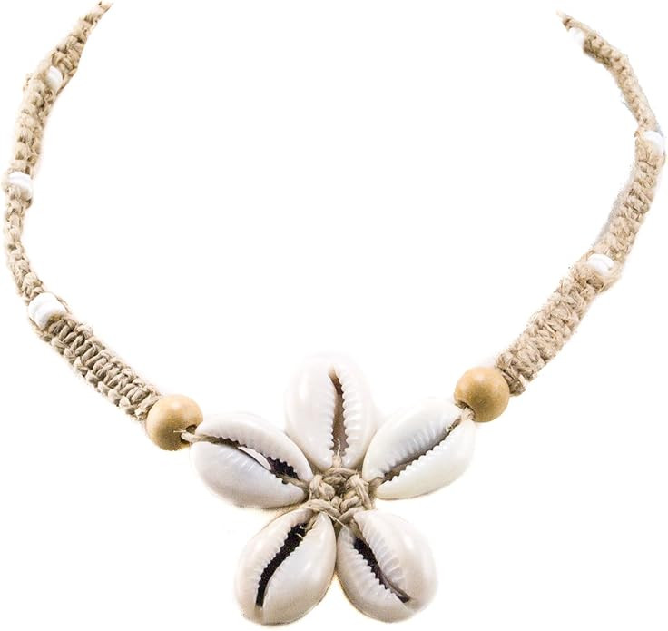 BlueRica Cowrie Shells Flower Pendant on Braided Hemp Cord Choker Necklace with Puka Shell Beads | Amazon (US)