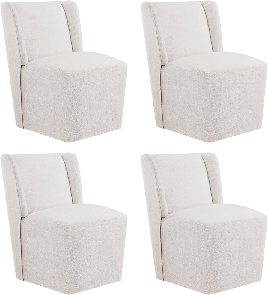 Upholstered Dining Chairs Set of 4 with Casters, Wingback Modern Side Armless Deskchair with Roll... | Amazon (US)