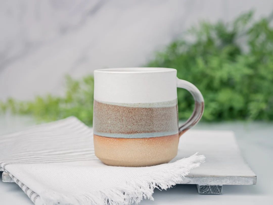 Coffee Mug, Tea Mug: White/Brown-GreyBlue, 12 - 14 oz, Stoneware, Handmade | Etsy (US)