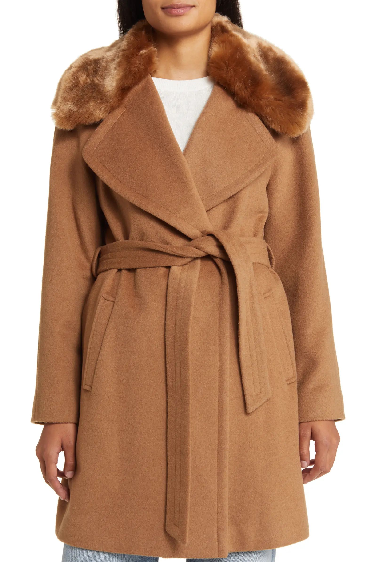 Via Spiga Belted Wool Blend Wrap Coat with Faux Fur Collar | Nordstrom | Nordstrom