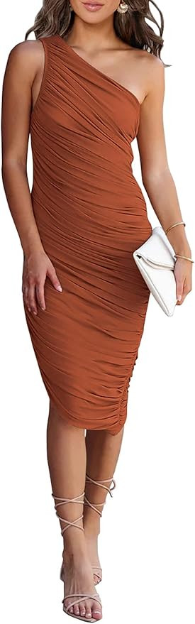 PRETTYGARDEN Women's Ruched Bodycon Dress 2023 Summer One Shoulder Sleeveless Party Cocktail Penc... | Amazon (US)