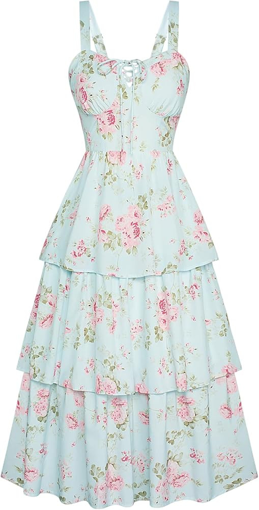 Scarlet Darkness Women's Floral Maxi Dress Summer Wedding Guest Dress Tiered Sleeveless Lace Up C... | Amazon (US)