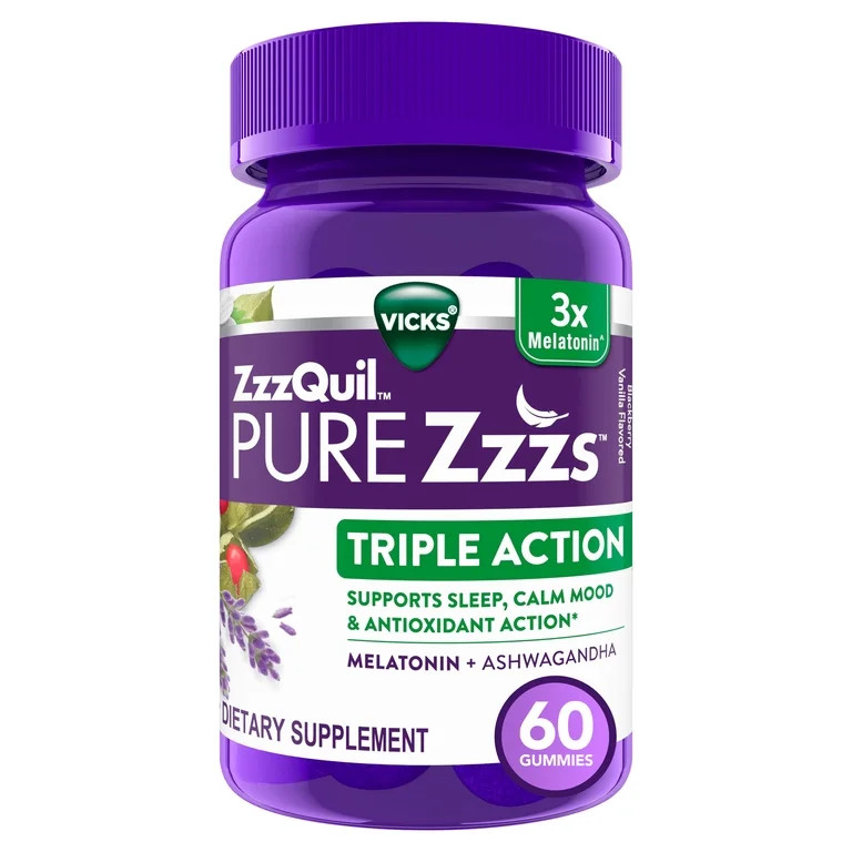 ZzzQuil PURE Zzzs Melatonin Triple Action with Ashwagandha, Melatonin 6mg, 60 Gummies | Walmart (US)