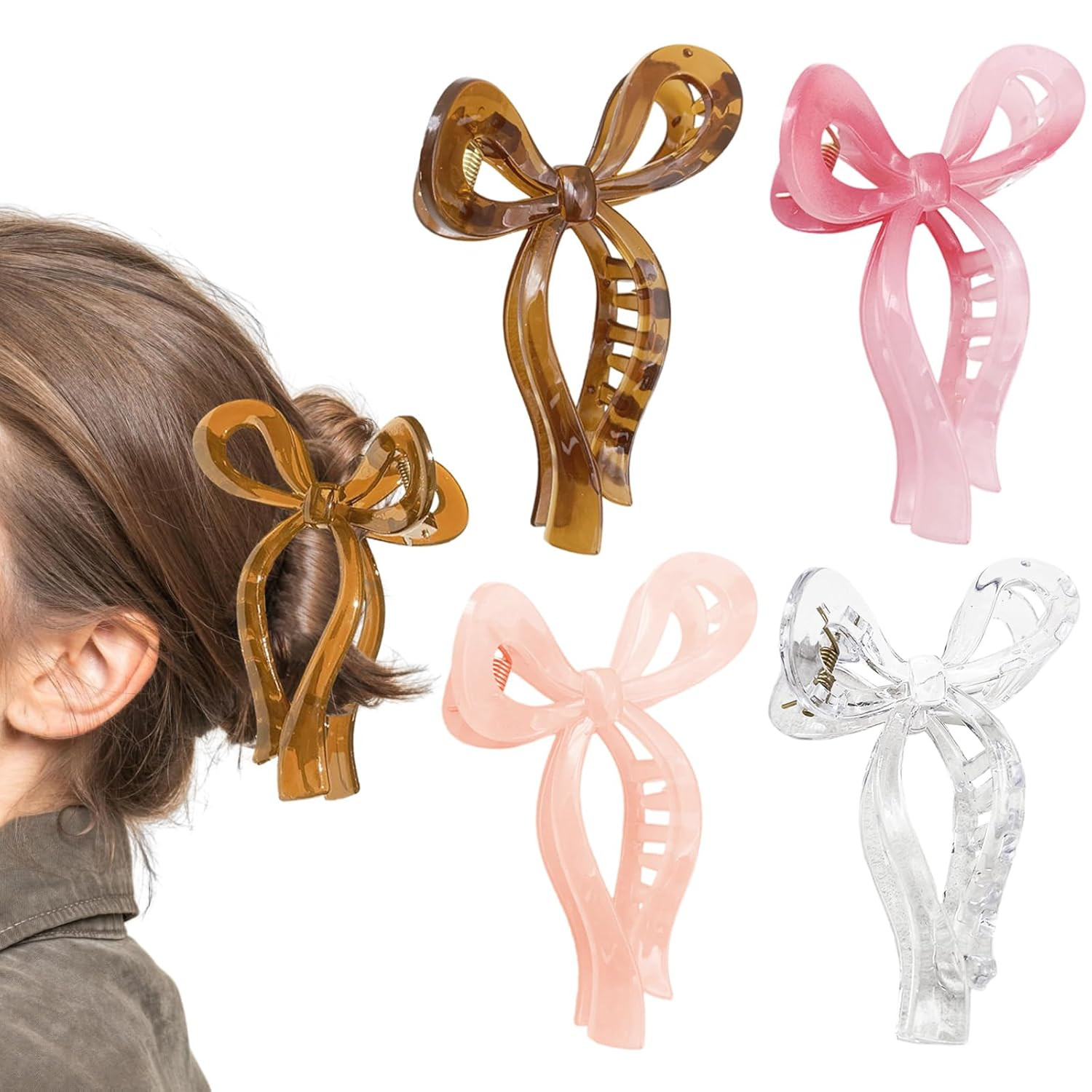 4PCS Large Acrylic Bow Hair Clips for Women, 5" Non-Slip Jelly Color Stylish Clips for Thick Hair | Amazon (US)