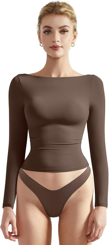 SUUKSESS Women Crew Neck Long Sleeve T Shirts Double Lined Tight Fitted Crop Top | Amazon (US)