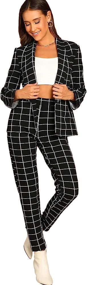 SheIn Women's Two Piece Plaid Open Front Long Sleeve Blazer and Elastic Waist Pant Set Suit | Amazon (US)