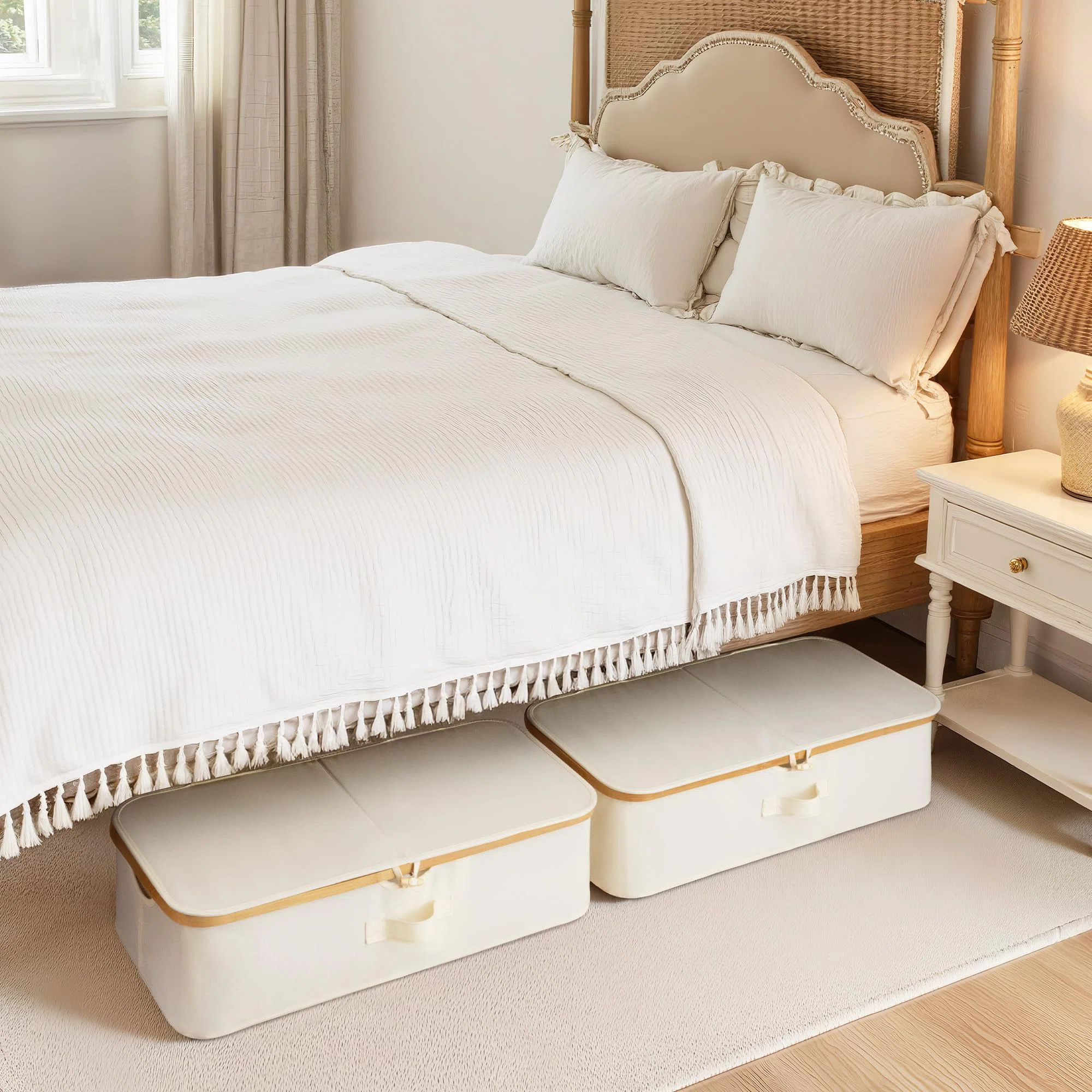 Under Bed Storage Box With Bamboo Frame, Flip-Top Under Bed Container, 2-Pack, (Beige) | Wayfair North America