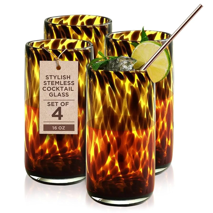 IMPULSE! Tortoise Leopard Print Brown 16 oz. Highball Rocks Glasses, Set of 4 - Stylish Stemless ... | Amazon (US)