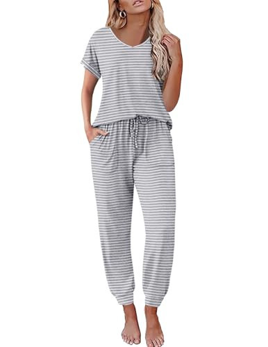 Ekouaer Lounge Sets for Women 2 Piece Pajamas Short Sleeve Tops and Long Pants Jogger Pjs Tracksuit Set,Light Grey Striped,M | Amazon (US)