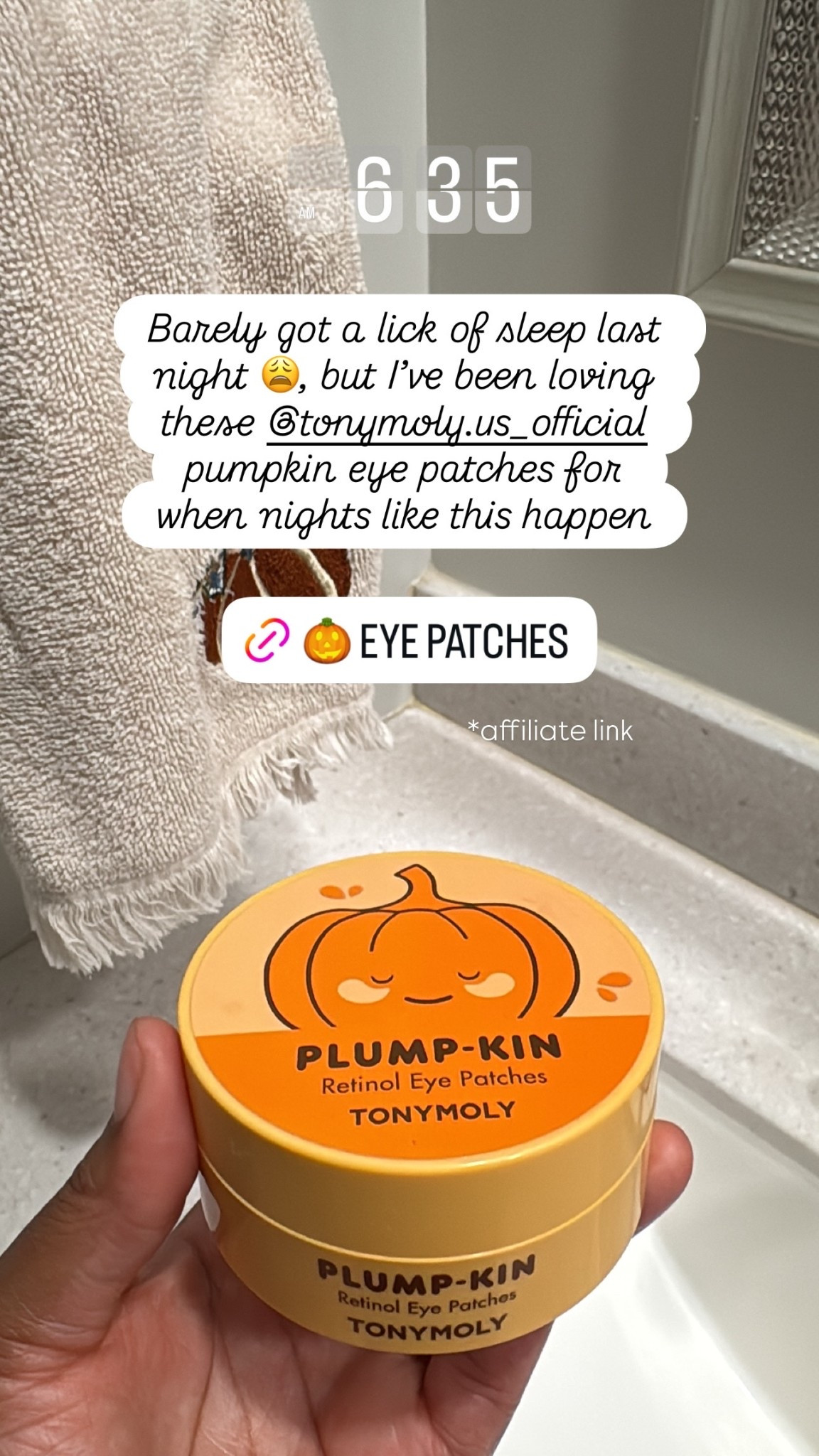 Barely got a lick of sleep last night 😩, but I’ve been loving these @tonymoly.us_official pumpkin eye patches for when nights like this happen

#LTKmorningroutine #LTKselfcare #LTKSeasonal