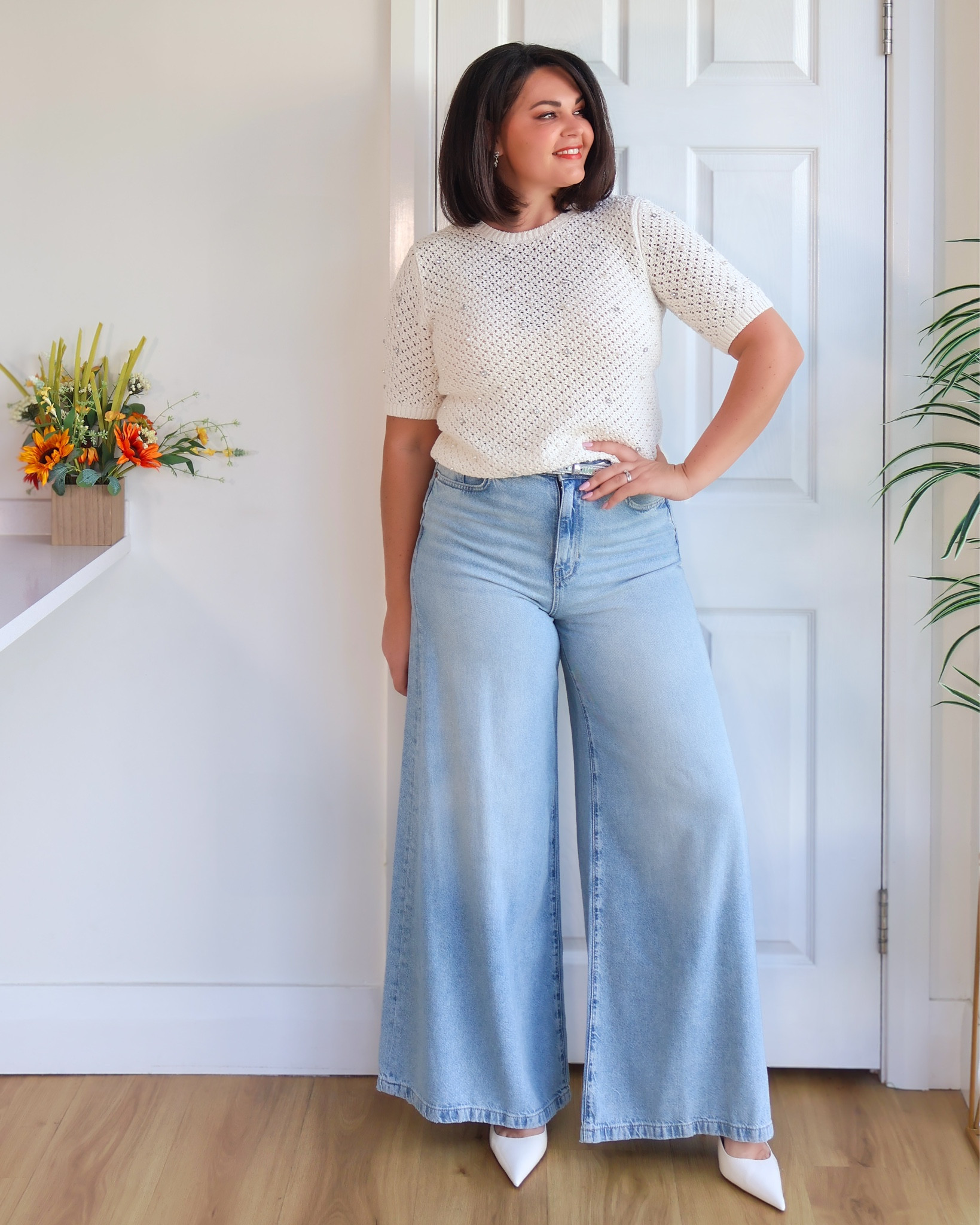 Why has it taken me this long to try a palazzo jean? I am in love! Great for us pear shaped girlies too! 

And the top is just so pretty with pearls and diamantés! Great finds in marks and Spencer! 

#LTKuk #LTKmidsize #LTKspring