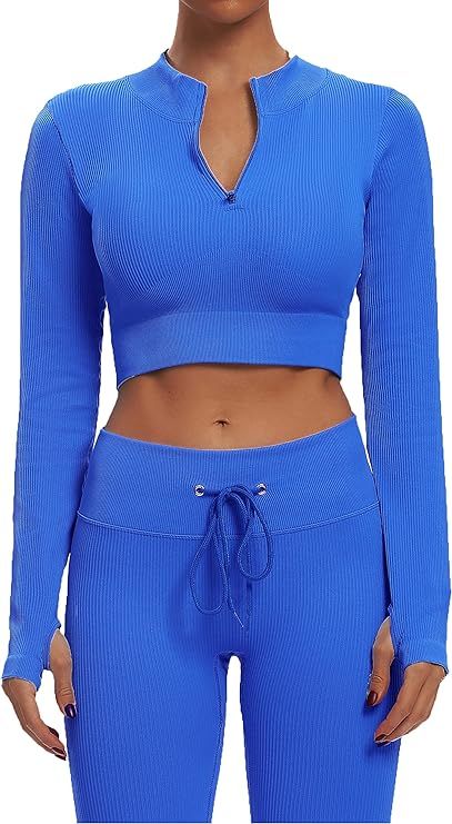 Sytiz Seamless 2 Piece Outfits for Women Ribbed Long Sleeve Zip Front Crop Top + High Waist Leggi... | Amazon (US)