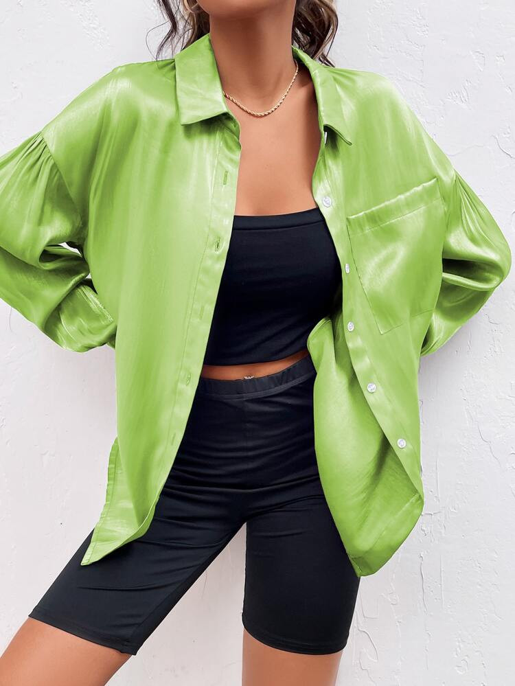 Holographic Drop Shoulder Patched Pocket Satin Blouse | SHEIN