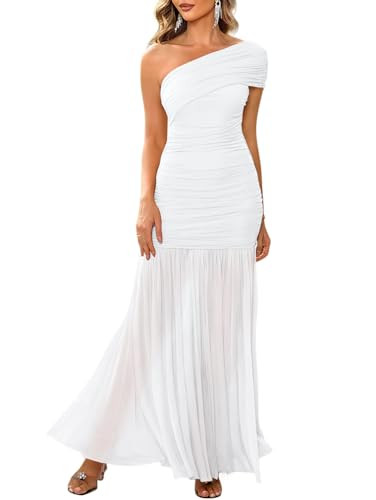 LAGSHIAN Women's Elegant Formal Long Dress One Shoulder Sleeveless Ruched Bodycon Evening Dress White | Amazon (US)