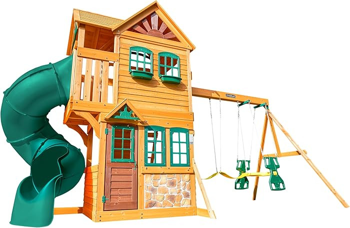 KidKraft Buffalo Crossing Wooden Swing Set with Playhouse, Rock Wall, Tube Slide and Glider | Amazon (US)