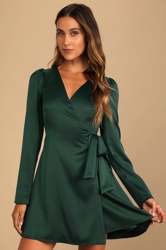 Festive Forever Emerald Green Satin Long Sleeve Wrap Mini Dress | Lulus (US)