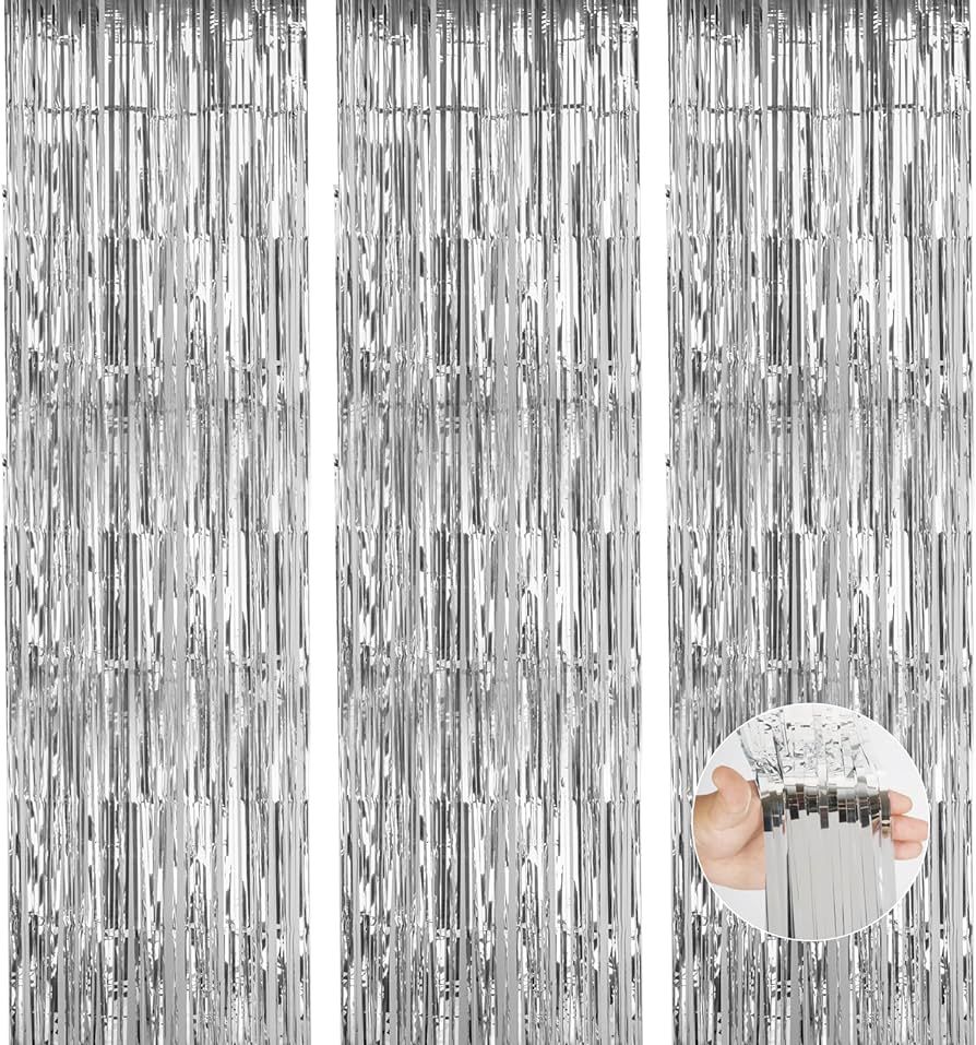 ACCEVO Silver Party Streamers 3Pack Metallic Tinsel Foil Fringe Curtains 3.2ft x 8.2ft Party Deco... | Amazon (US)