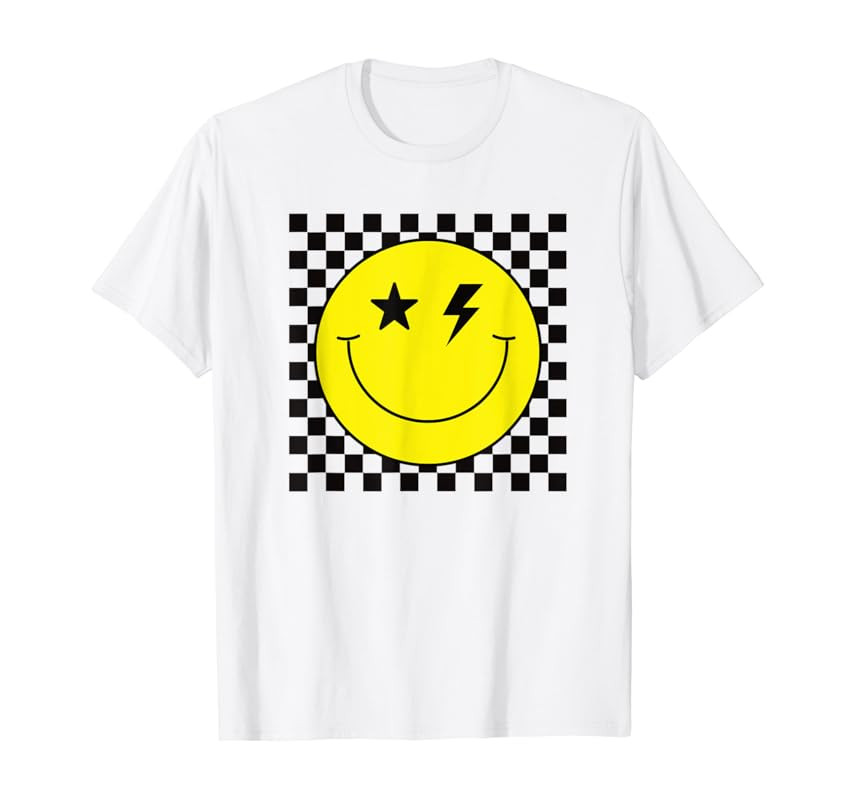 Checkered Lightning Eyes Yellow Smile Face Shirt Happy Face T-Shirt | Amazon (US)