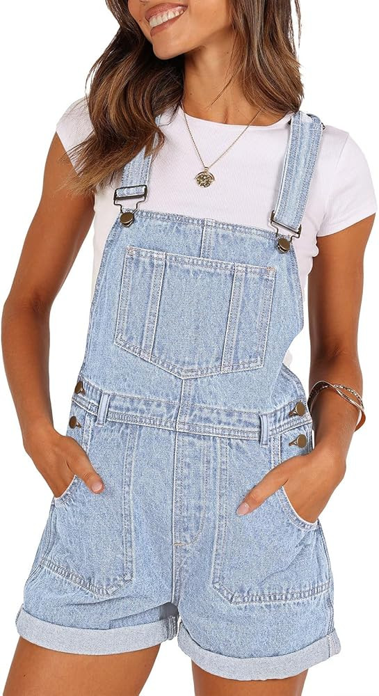 Pink Queen Women's Denim Shortalls Casual Adjustable Straps High Waist Bib Jeans Overalls Shorts ... | Amazon (US)
