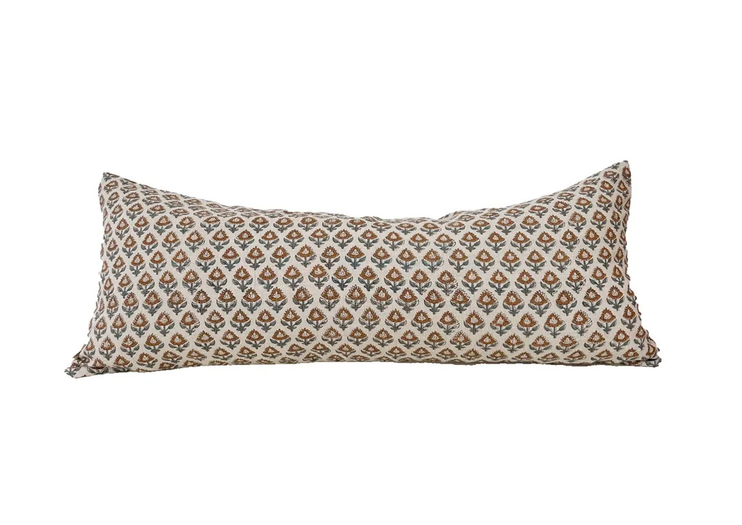 Block Print Linen Pillow, Blue and Camel/ Brown Color Floral and Natural Linen Pillow Cover, Lumb... | Etsy (US)