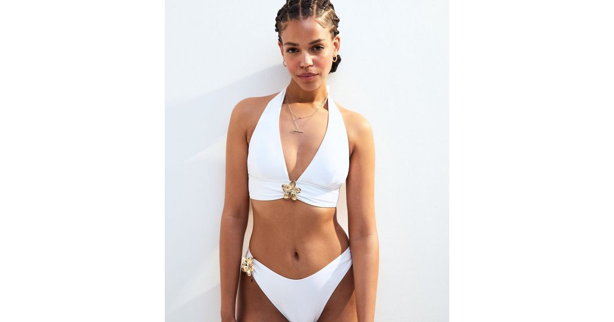 Cream Floral Detail Halterneck Bikini Top | New Look | New Look (UK)
