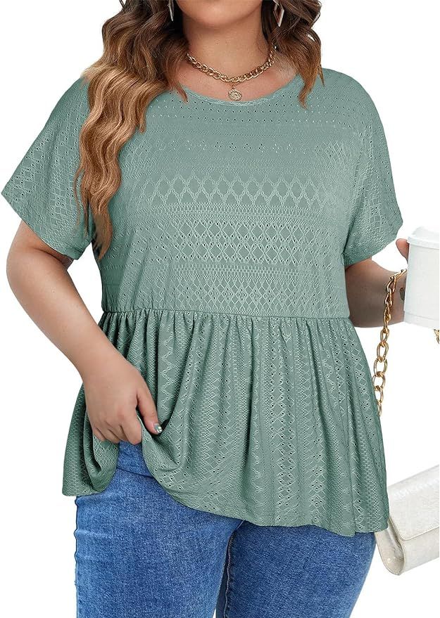 Eytino Plus Size Tops for Women V/Crew Neck Puff Sleeve Summer Loose Blouse Shirts(1X-5X) | Amazon (US)