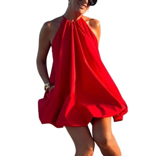 Pokn Bubble Dress Y2K Dress Sexy Chic Red Halter Mini Dress Women Beach Elegant Women Party Dress (Red,M,Medium) | Amazon (US)