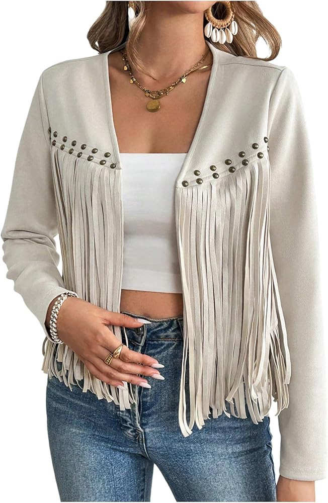 SOLY HUX Women's Faux Suede Fringe Trim Long Sleeve Open Front Cardigan Jacket Western Concert Ou... | Amazon (US)