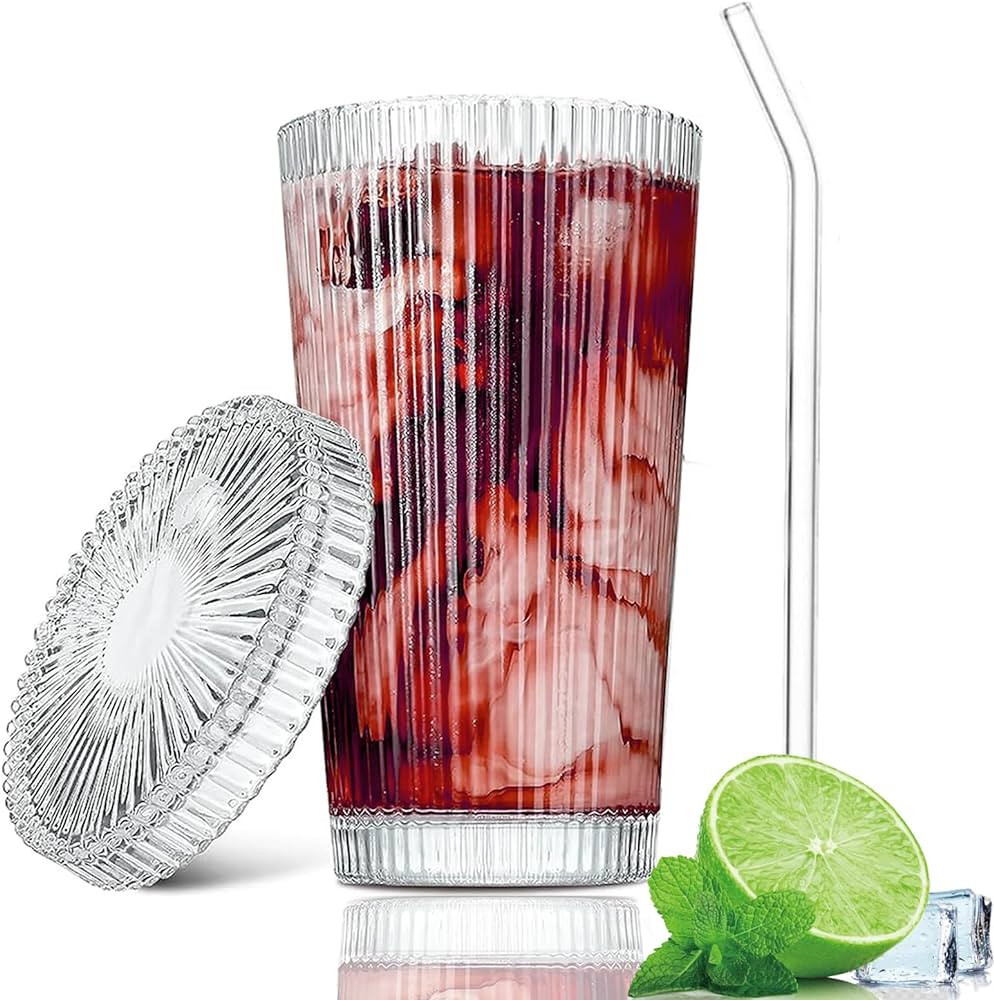 ACOOH Iced Coffee Cup,13 oz Glass Ribbed Drinking Glasses Bar Accessories Glass Tumblers with Lid... | Amazon (US)