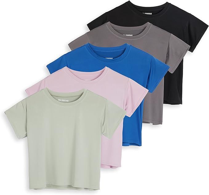 Real Essentials 5 Pack: Women's Dry Fit Crop Top - Short Sleeve Crew Neck Stretch Athletic Tee (A... | Amazon (US)