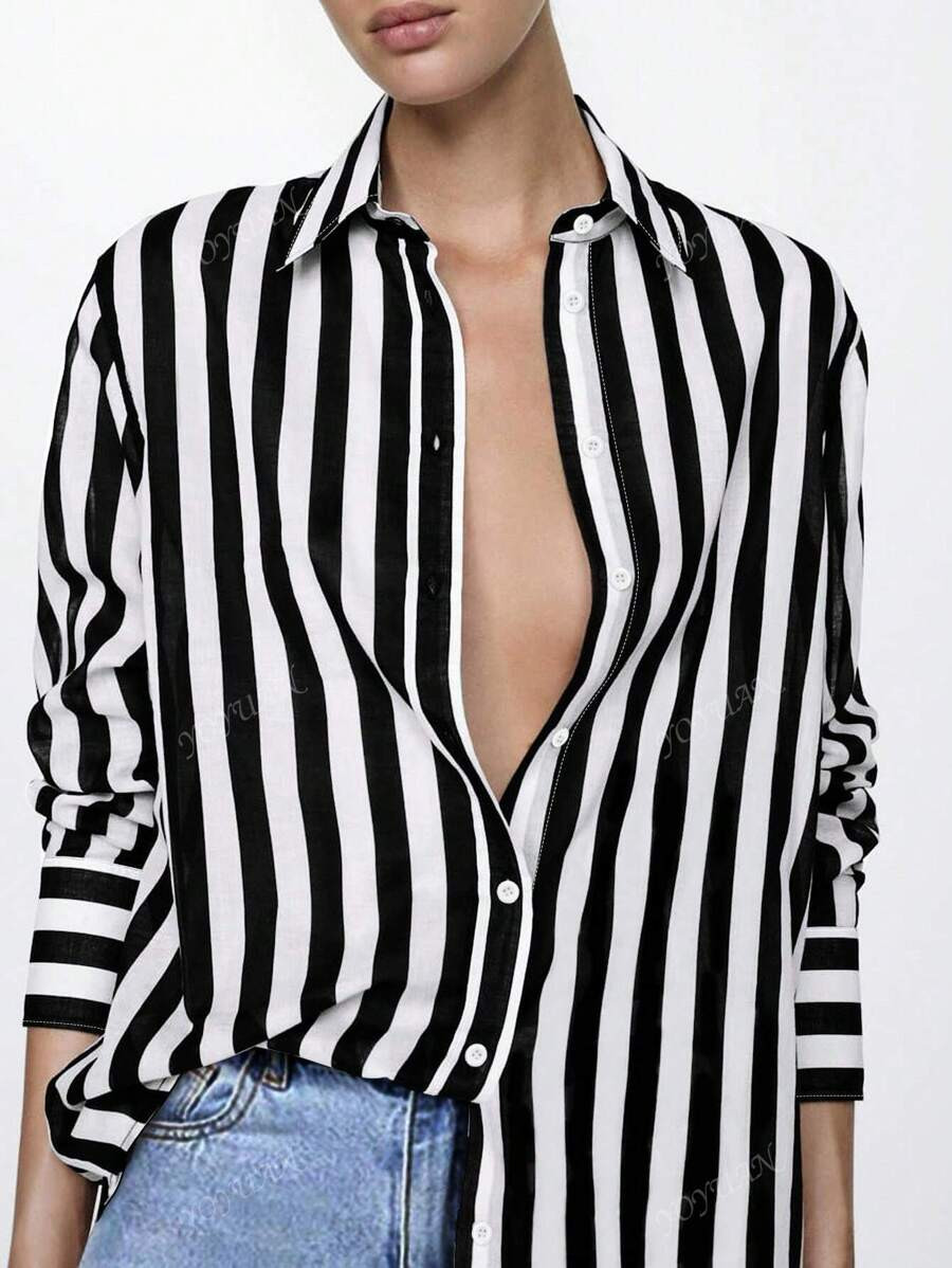 Women's Striped Lapel Single-Breasted Long Sleeve Shirt, Spring Autumn | SHEIN