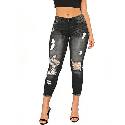 Women's High Waist Distressed Skinny Jeans Summer Casual Cropped Denim Pants Black S | Target