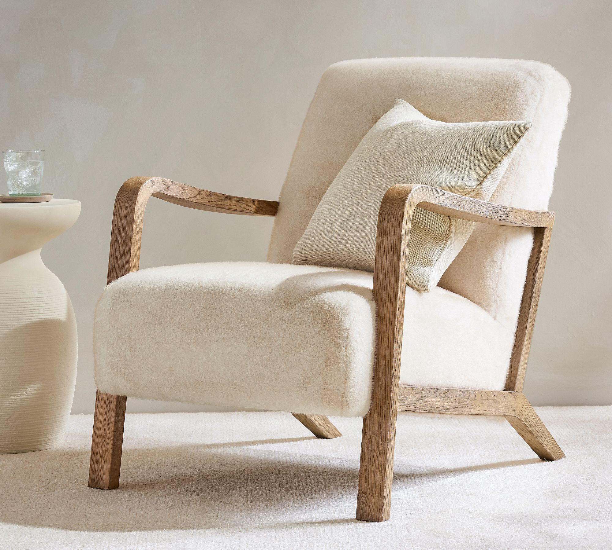 Atwood Upholstered Armchair, Polyester Wrapped Cushions, Faux Tipped Fur Ivory | Pottery Barn (US)