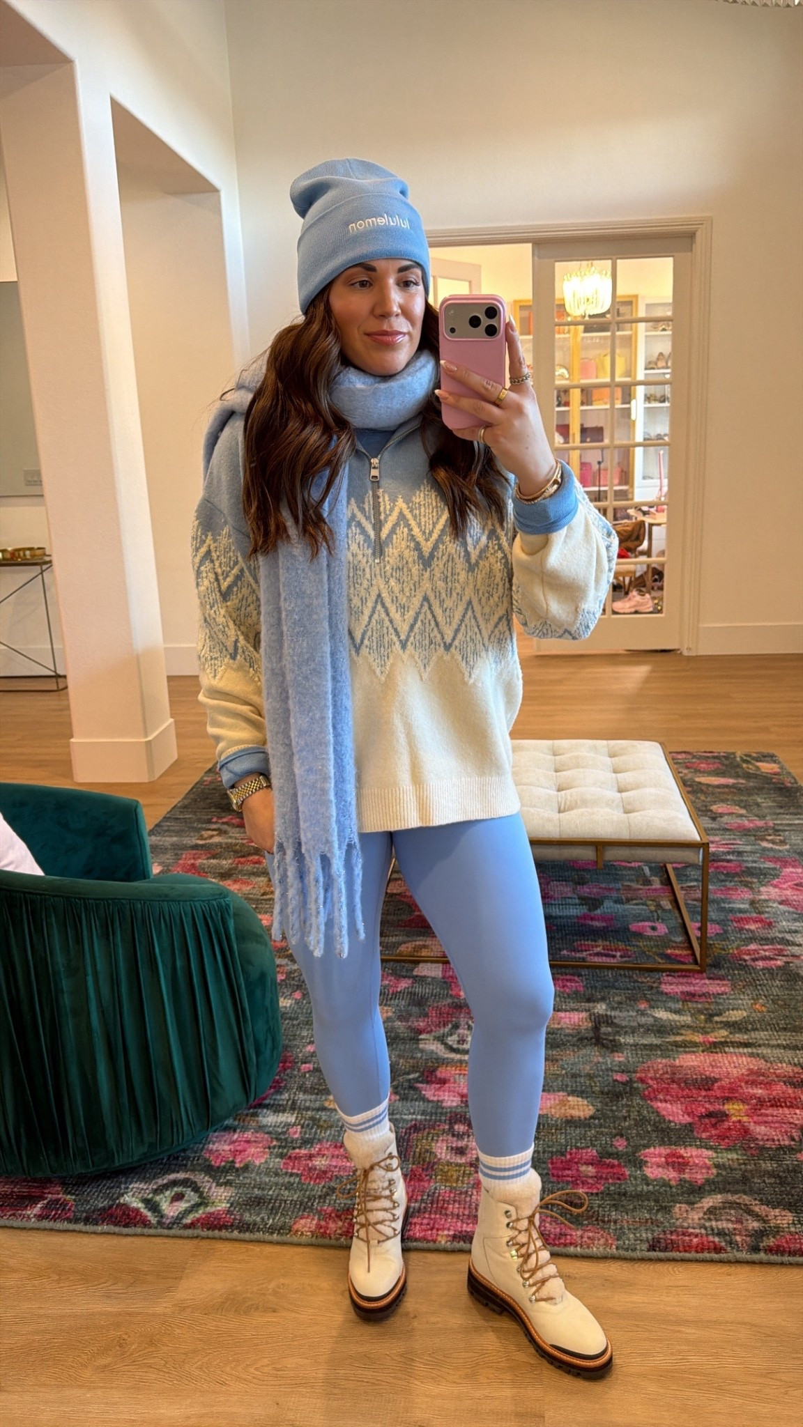 curvy midsize cool blue winter look! wearing size large in pullover, size 12 in blue long sleeve, and size 10 in blue leggings 

#LTKMidsize #LTKSeasonal