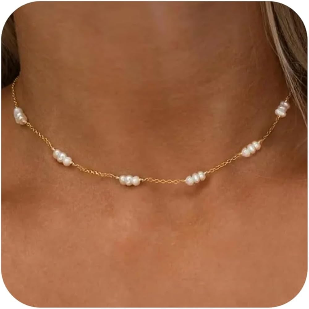 Gold Pearl Necklaces for Women, 14K Natural Freshwater Dainty Pearl Choker Necklaces for Women, E... | Amazon (US)