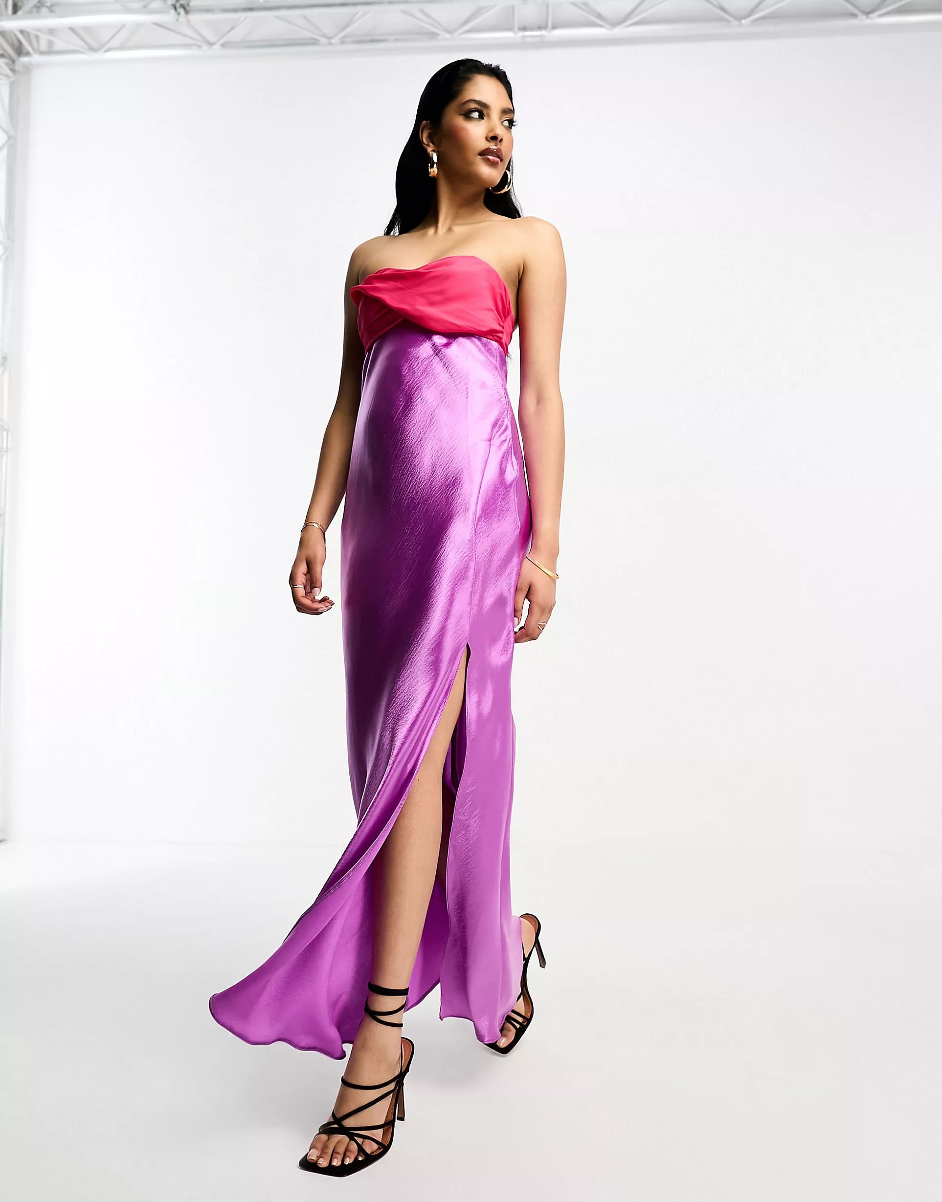 ASOS DESIGN twist front bandeau maxi dress in satin and chiffon mix and side split in purple | ASOS (Global)