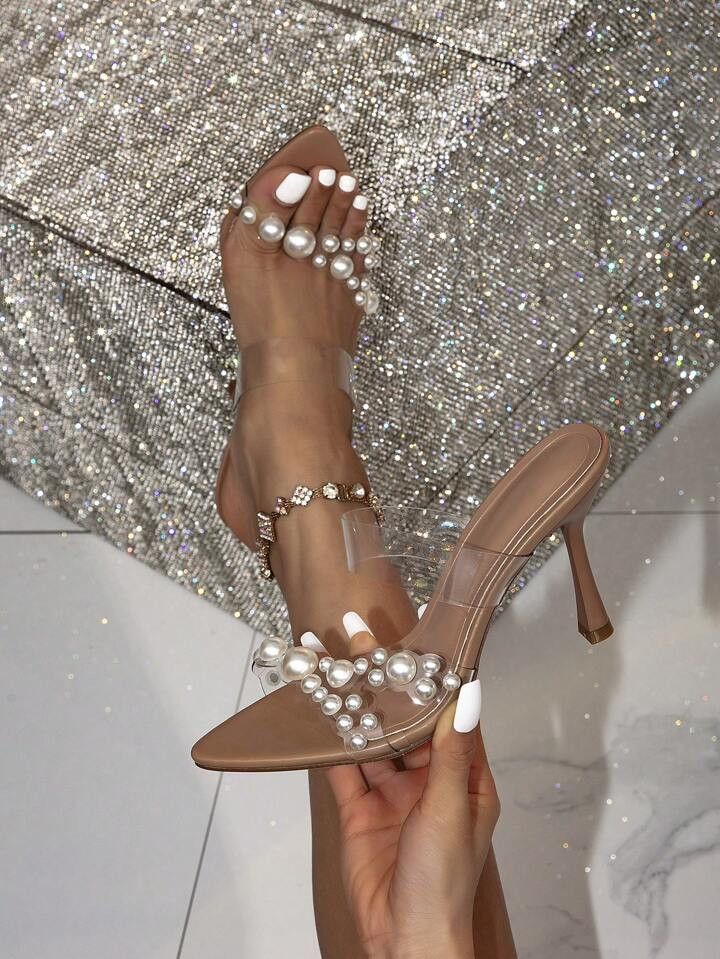 Women Pearl Decor Nude Transparent High Heel Sandals, Fashionable And Comfortable Simple Pointed ... | SHEIN