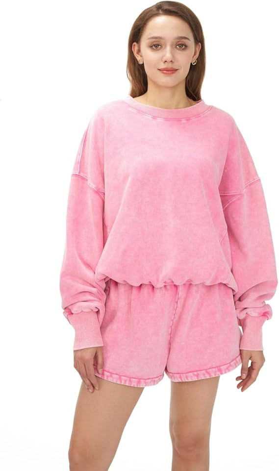 Women's Oversized Shorts Set Acid Wash Sweatshirt Crew Neck Long Sleeve Elastic Waist Casual Loun... | Amazon (US)