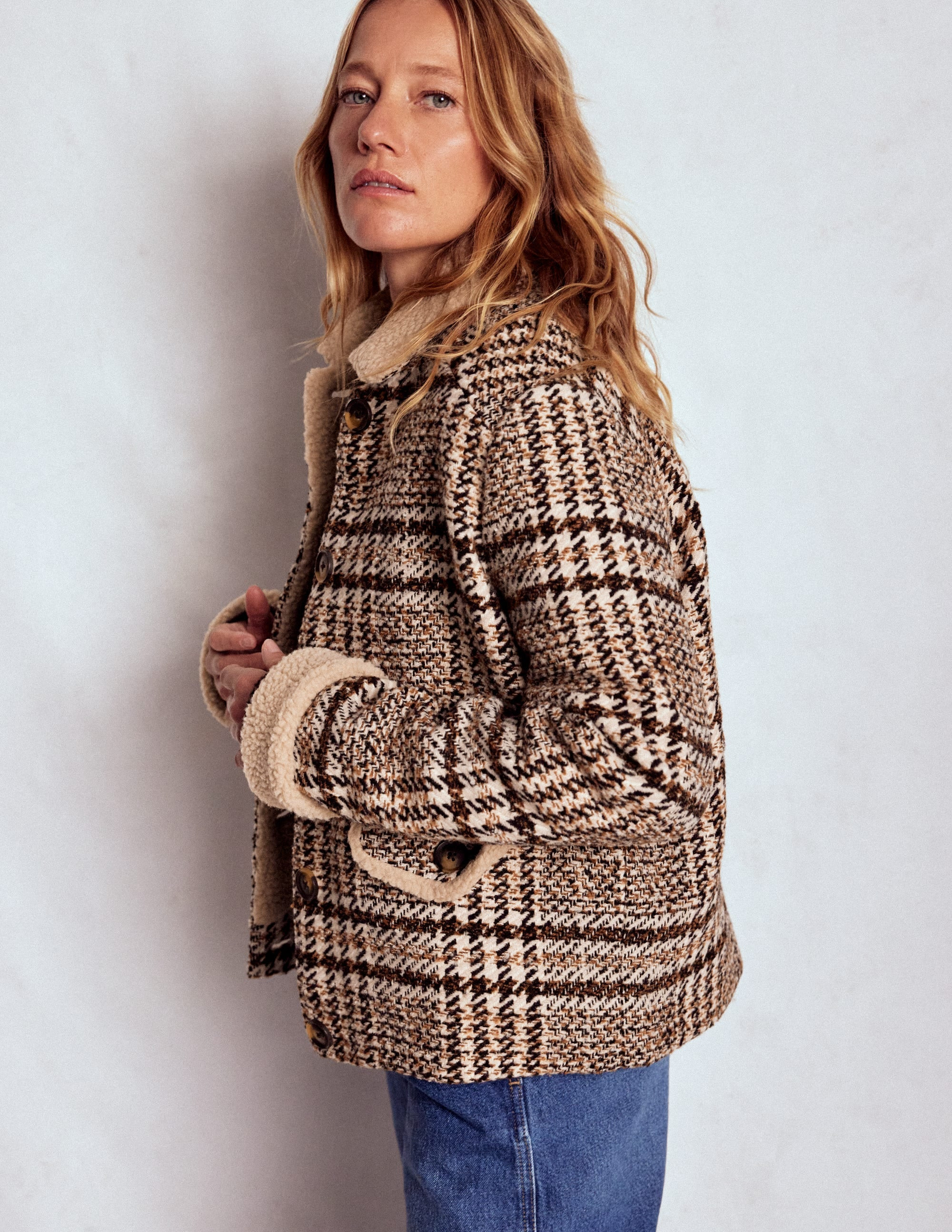 Stirling Check Coat Ivory, Brown & Black Check Boden | Boden (US)