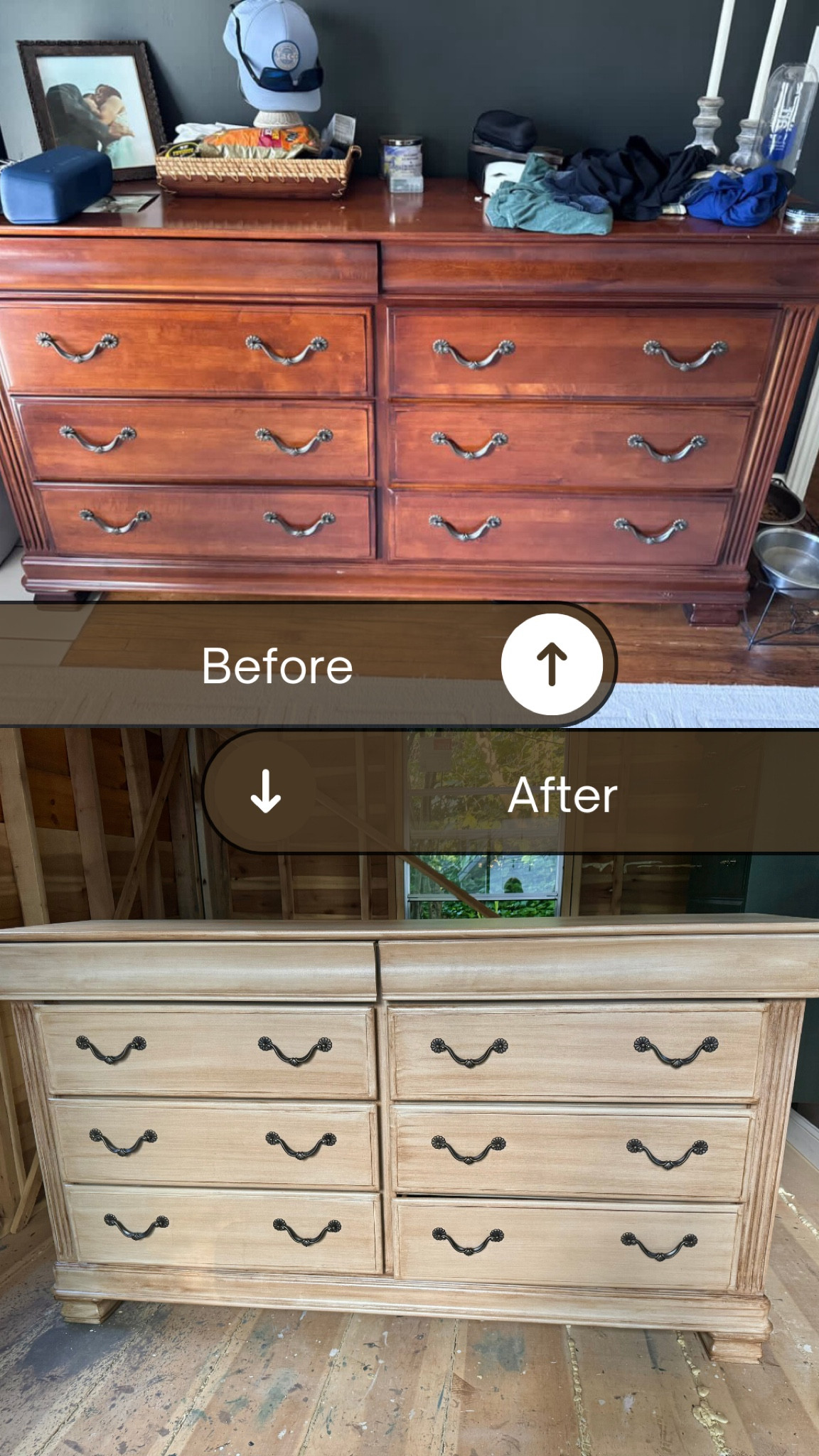 In this photo, you can see a dresser I refinished. The top part labeled "Before" shows the dresser with its original dark, glossy finish, which had a somewhat dated look. The bottom part labeled "After" showcases the dresser after I used a technique called faux wood grain to make it look like real wood.

To achieve this effect, I first sanded down the entire piece to remove the old finish and smooth out the surface. I then applied a base coat of paint in a light, neutral tone. Once the base coat was dry, I used a oil-based stain to create realistic wood grain patterns by dragging a chip brush through the stain applied over the base coat. This technique gave the dresser a fresh, natural wood appearance, transforming its overall look.

#LTKHome