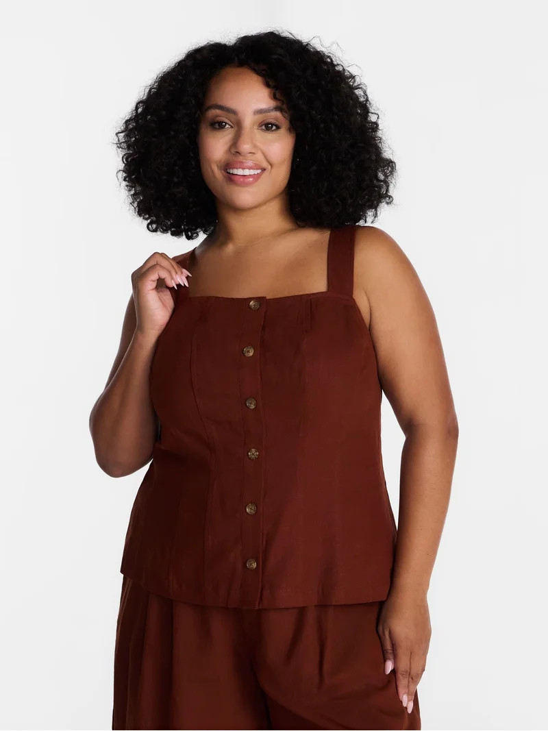 Time and Tru Women's Linen Blend Button Front Tank Top with Adjustable Straps, Sizes XS-XXXL | Walmart (US)