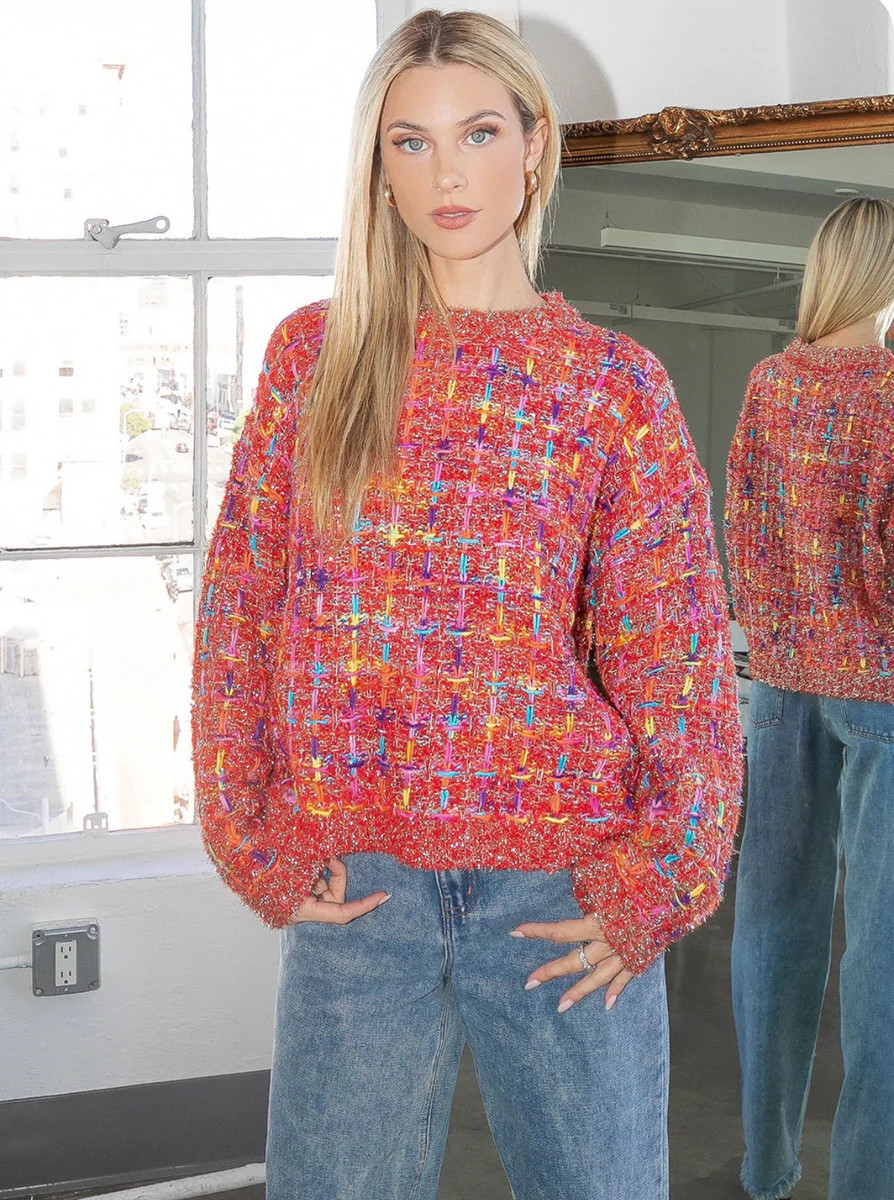 Melissa Multi Tweed Pullover Knit Sweater - Red | Benaar La