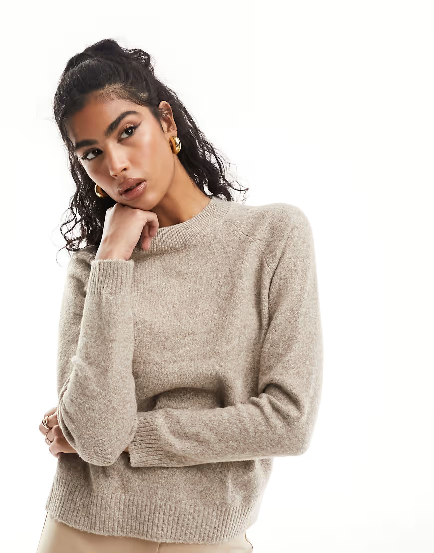 Vero Moda round neck knit sweater in beige melange-Neutral | ASOS (Global)