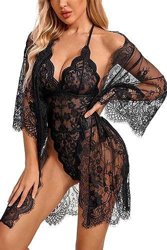 Avidlove Women Sexy Lingerie Set 2 Piece Lace Kimono Robe with Lace Teddy Lingerie Bodysuit | Amazon (US)