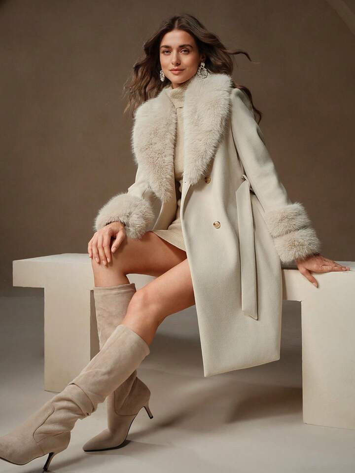 Anewsta Fluffy Collar Thick Warm Long Belted Knitted Coat | SHEIN